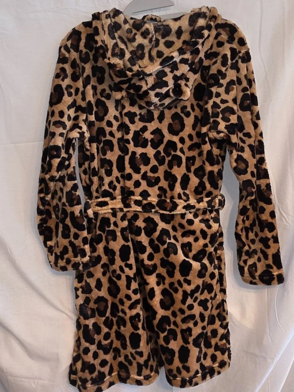 Plush Leopard Print Belted Plush Hooded Robe Cat Ears Girls Sz 14 Fluffy Warm